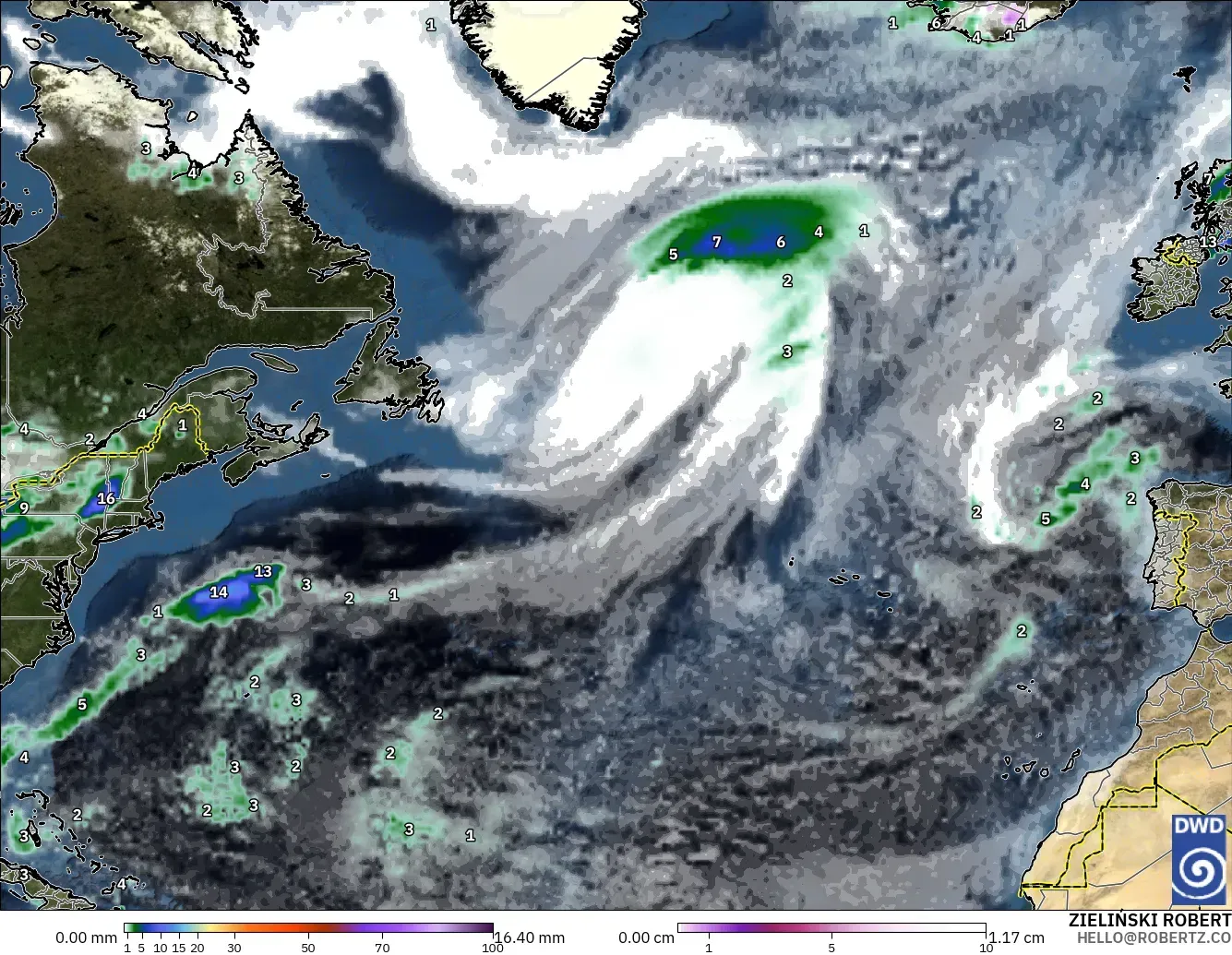 ICON modelo - Norte Atlántico, Precipitación, nubes y presión