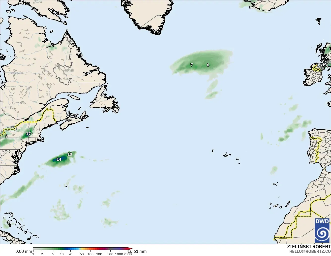 ICON modelo - Norte Atlántico, Acumulación de precipitación