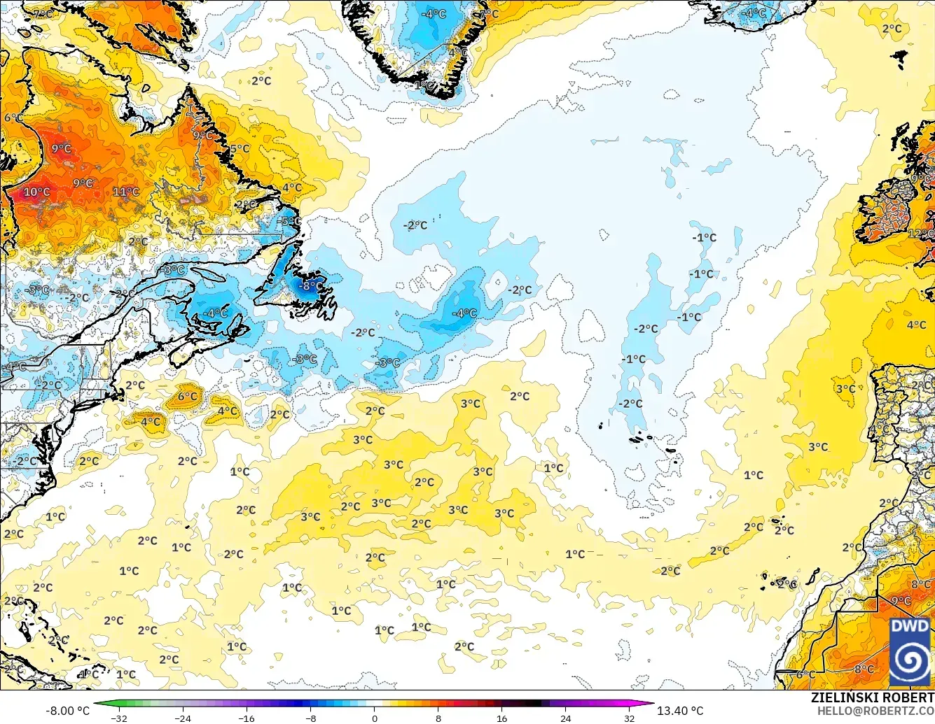 ICON modelo - Norte Atlántico, Anomalía de temperatura a 2 m