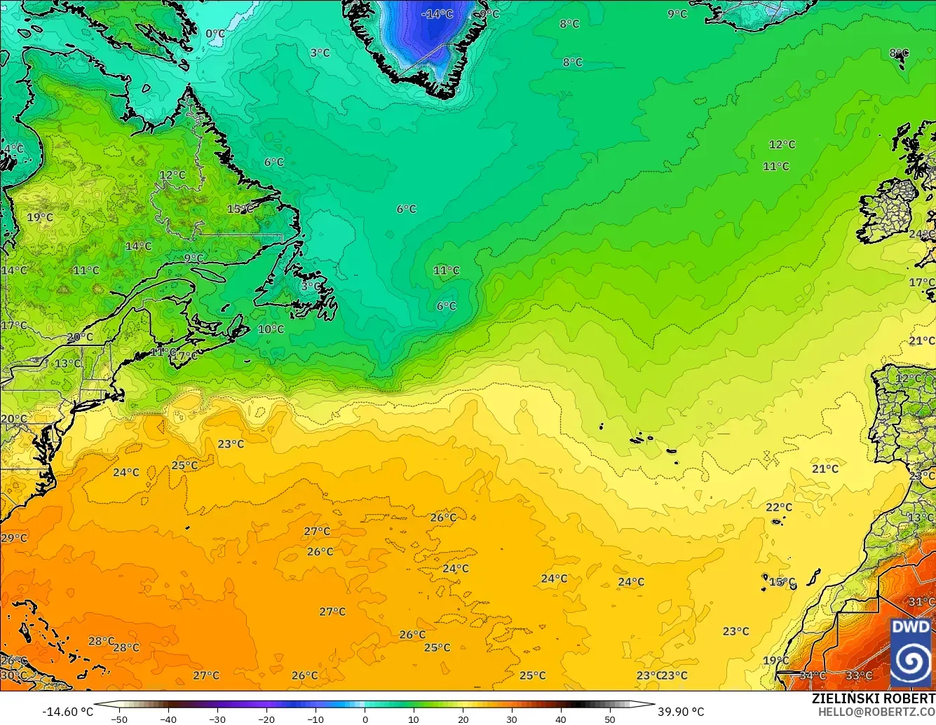 ICON modelo - Norte Atlántico, Temperatura a 2 m
