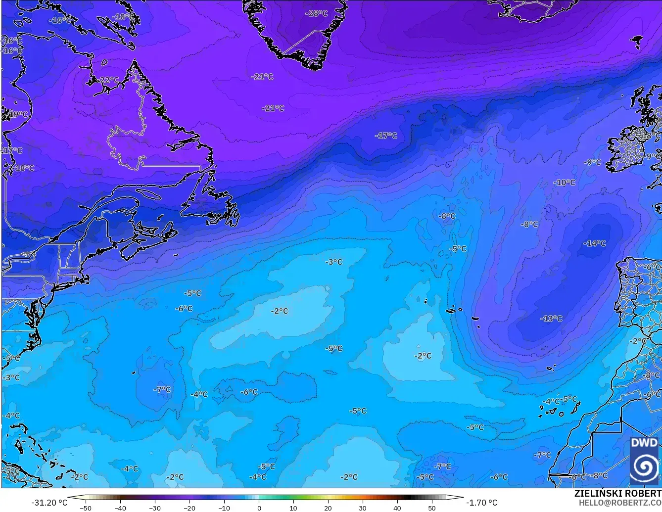 ICON modelo - Norte Atlántico, Temperatura a 500 hPa