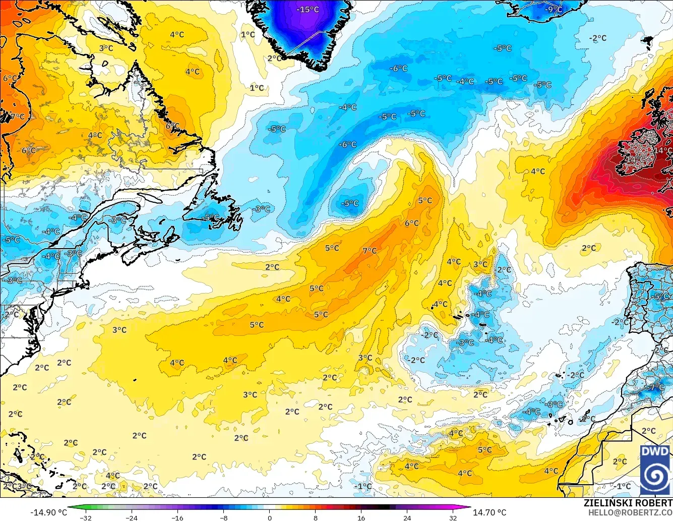 ICON modelo - Norte Atlántico, Anomalía de temperatura a 850 hPa