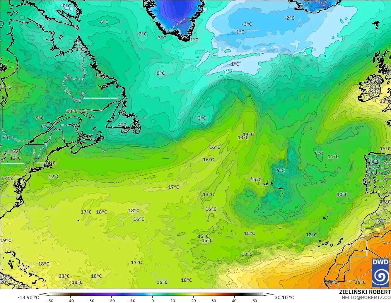 ICON modelo - Norte Atlántico, Temperatura a 850 hPa