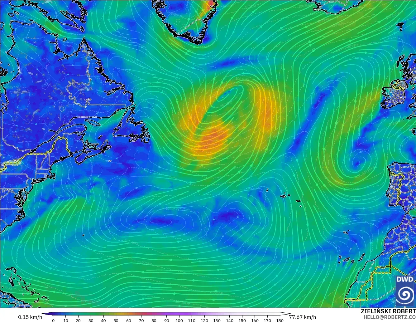 ICON modelo - Norte Atlántico, Viento a 10 m