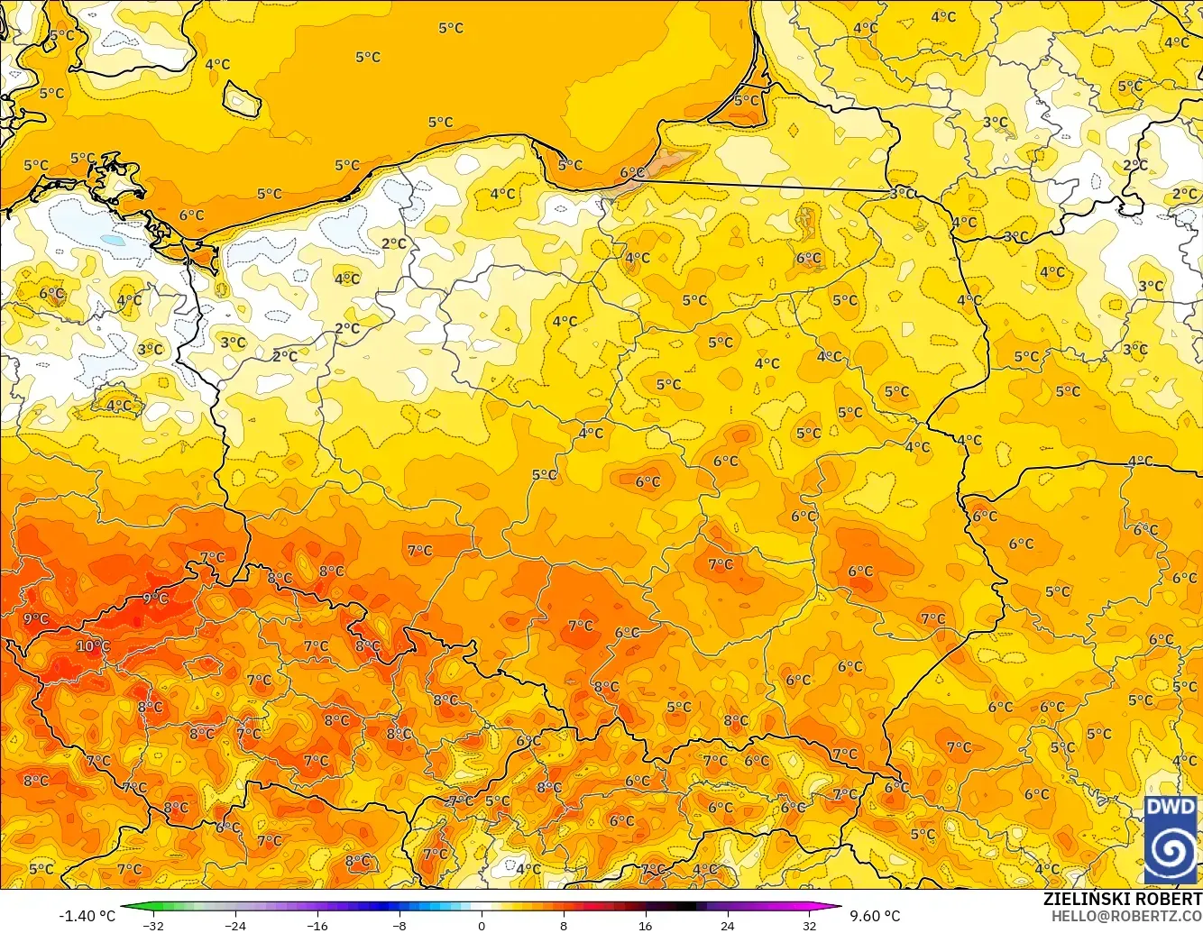 ICON modelo - Polonia, Anomalía de temperatura a 2 m