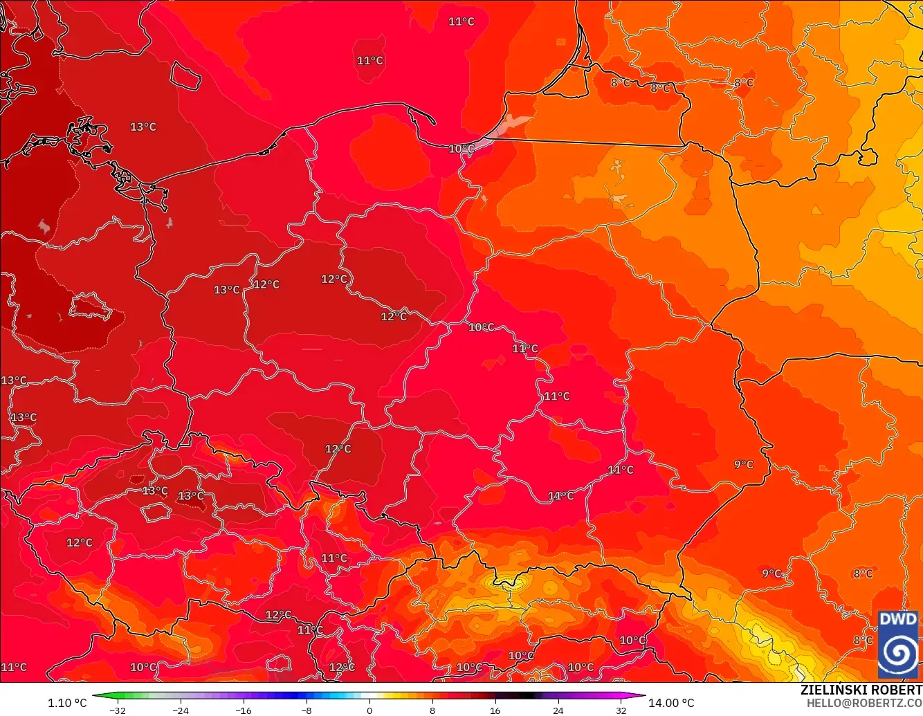 ICON modelo - Polonia, Anomalía de temperatura a 850 hPa