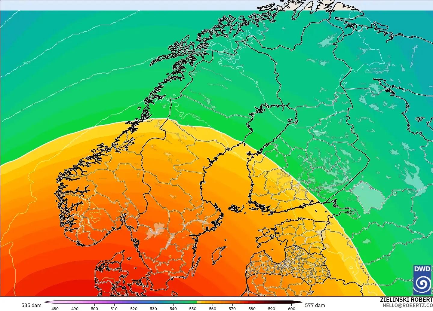 ICON modelo - Escandinavia, Altura geopotencial a 500 hPa