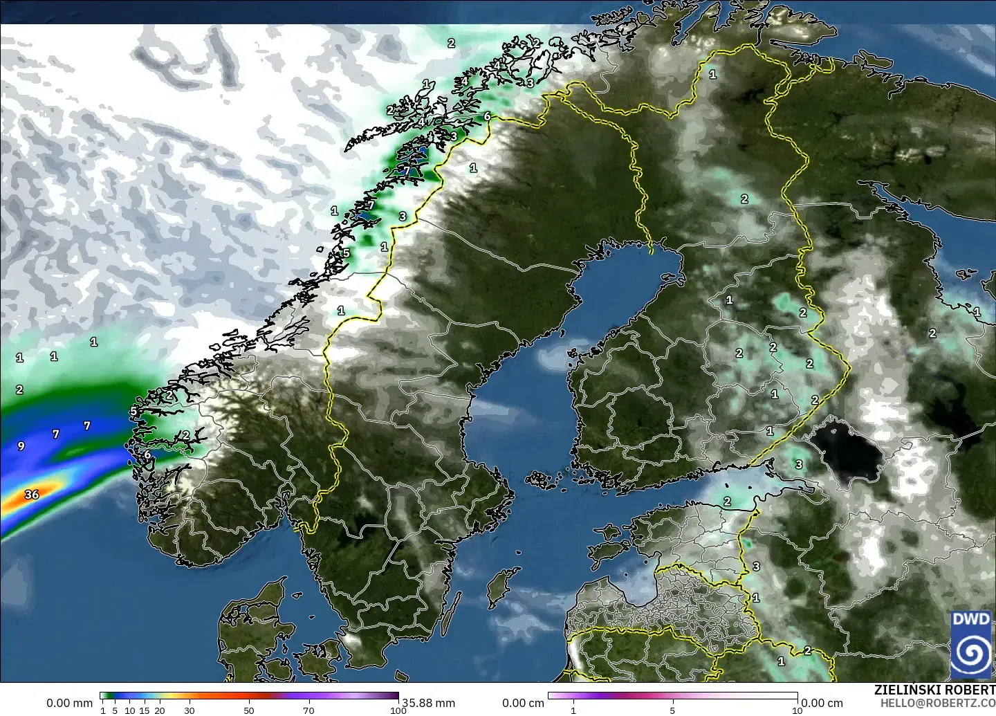 ICON modelo - Escandinavia, Precipitación, nubes y presión