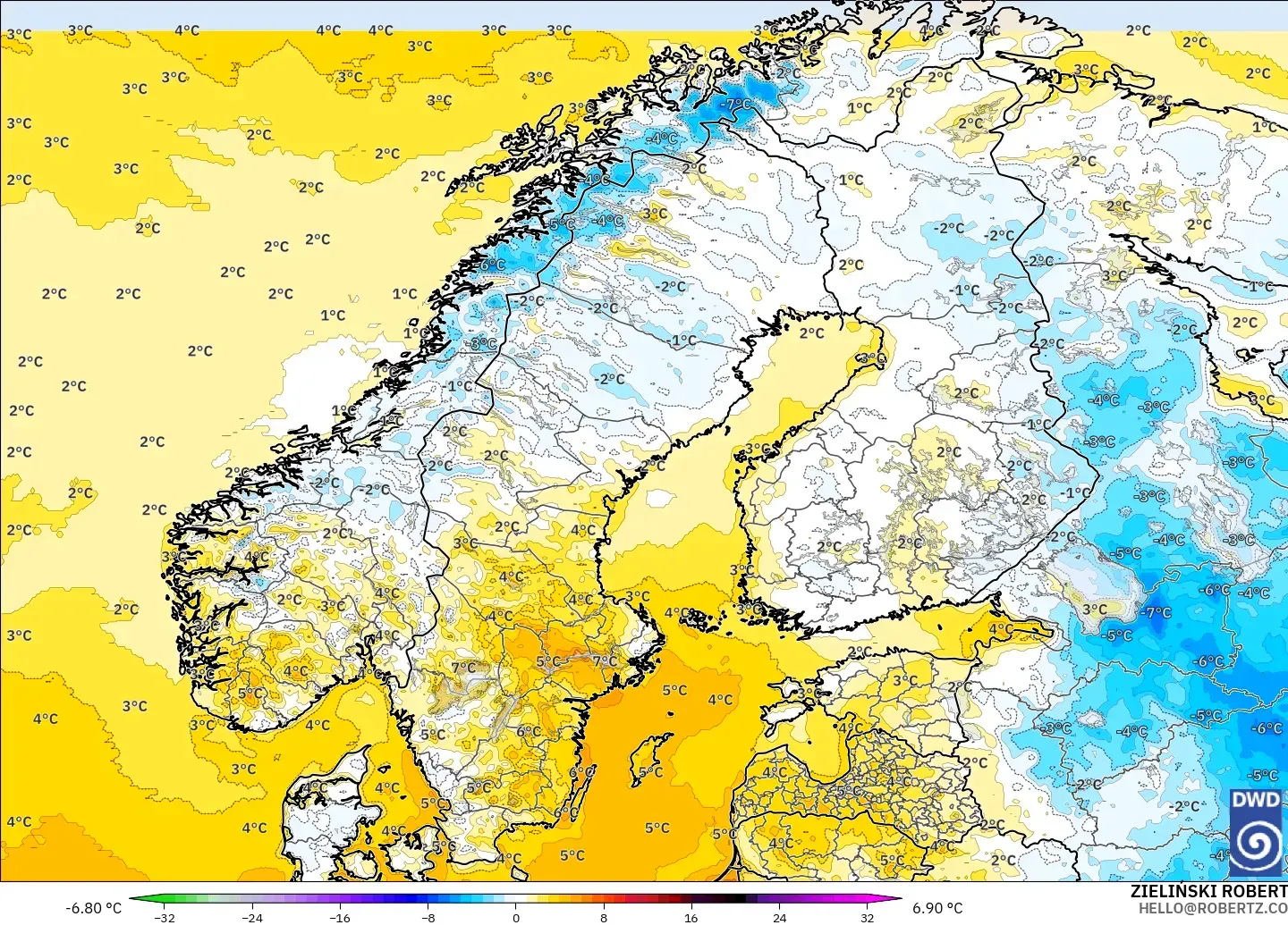 ICON modelo - Escandinavia, Anomalía de temperatura a 2 m