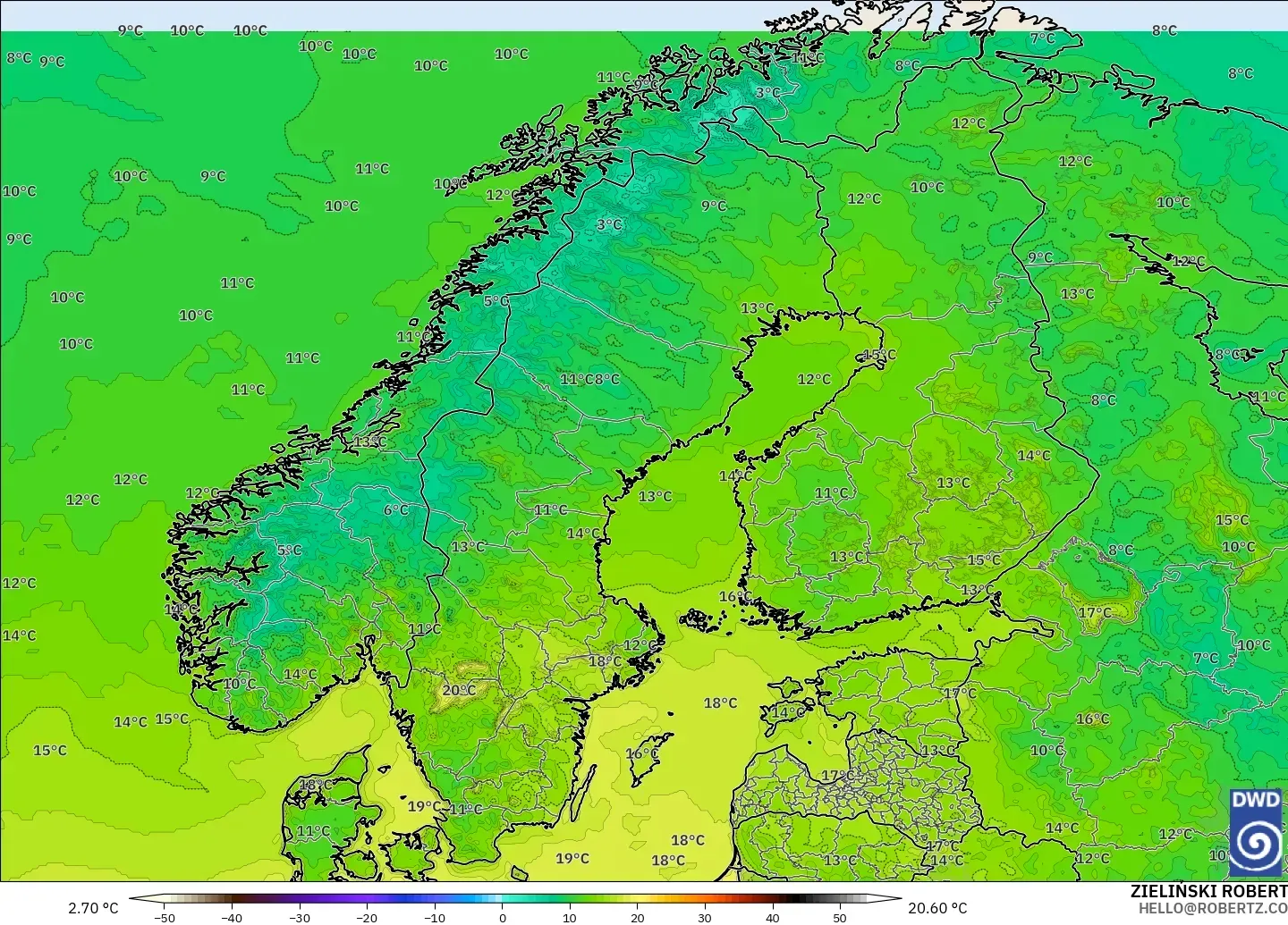 ICON modelo - Escandinavia, Temperatura a 2 m