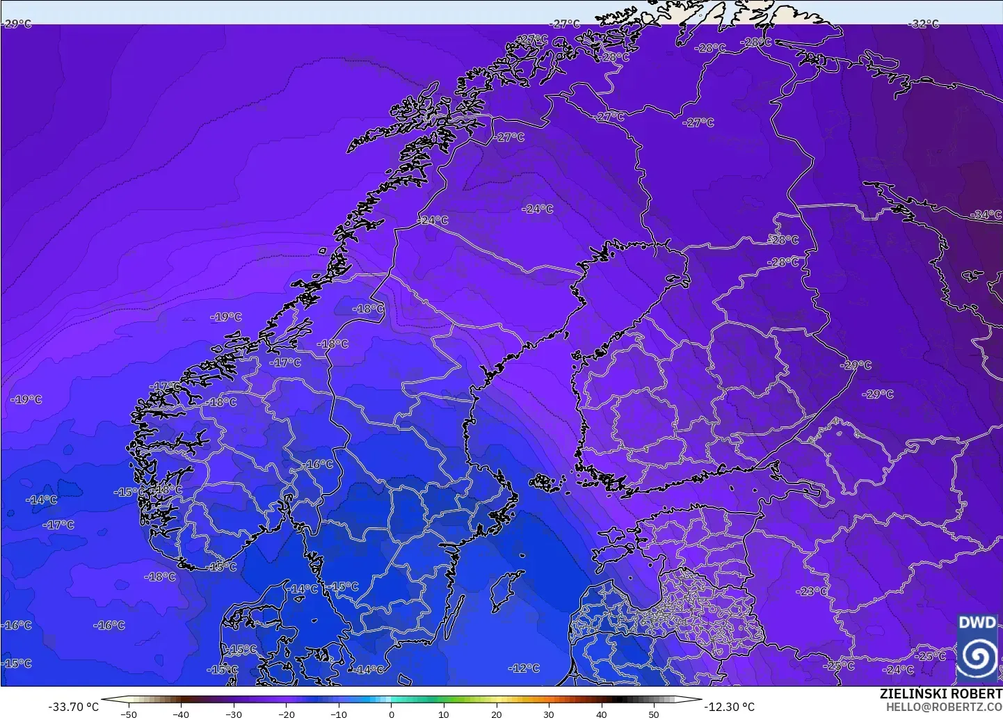 ICON modelo - Escandinavia, Temperatura a 500 hPa