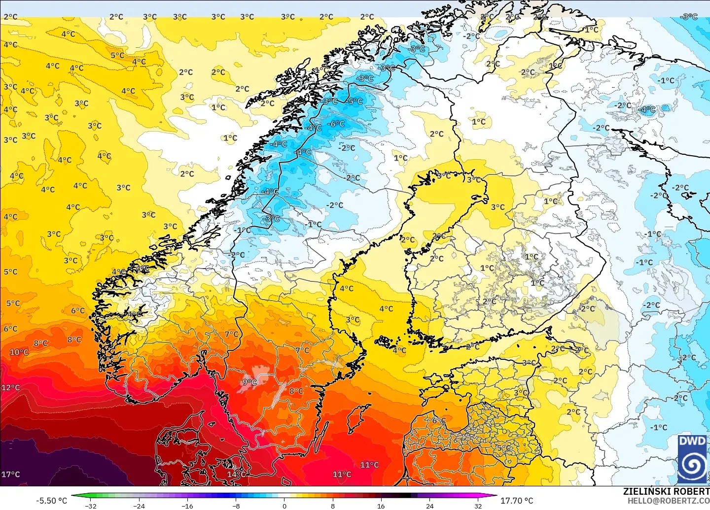 ICON modelo - Escandinavia, Anomalía de temperatura a 850 hPa