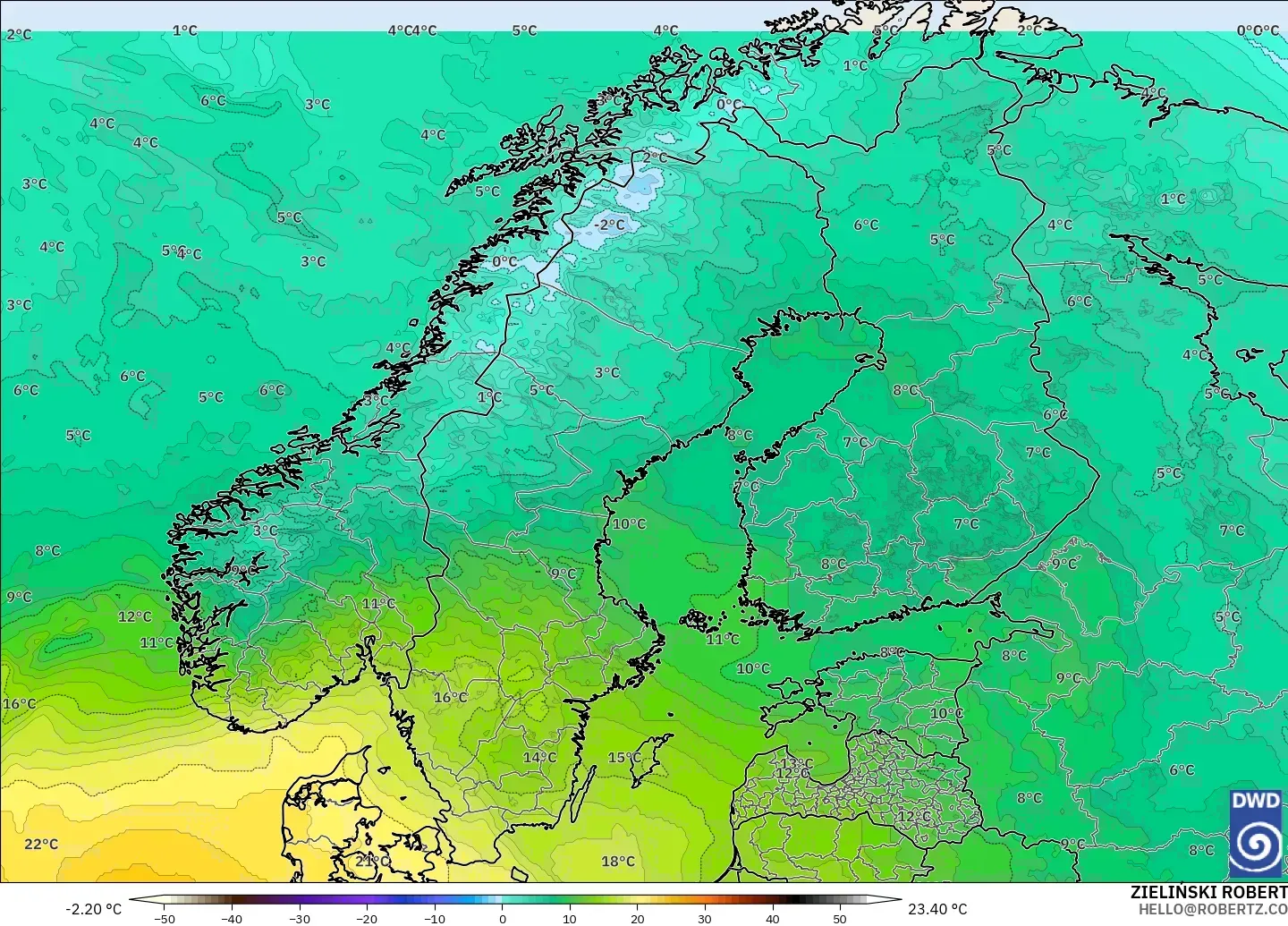 ICON modelo - Escandinavia, Temperatura a 850 hPa