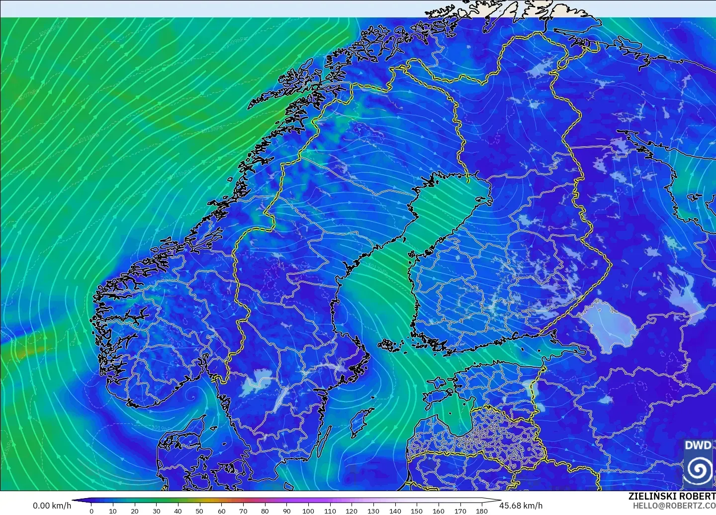 ICON modelo - Escandinavia, Viento a 10 m