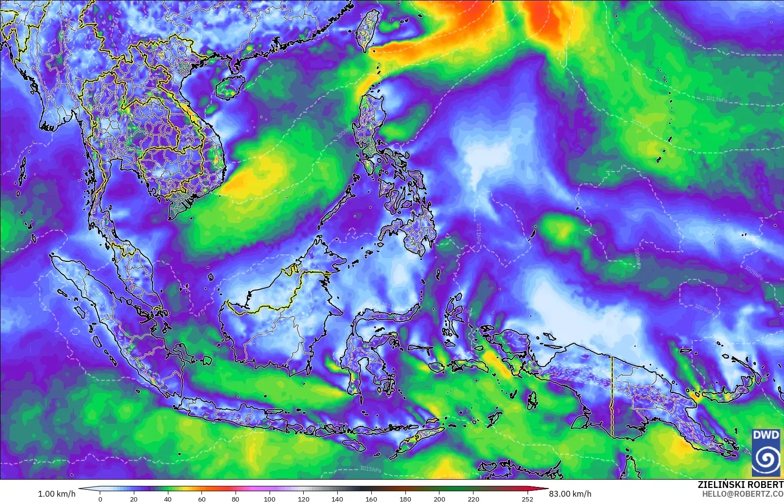 ICON modelo - Sudeste Asiático, Ráfagas de viento