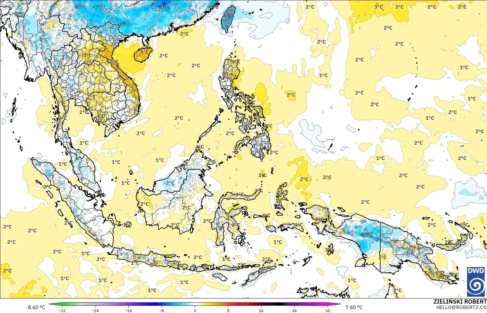 ICON modelo - Sudeste Asiático, Anomalía de temperatura a 2 m