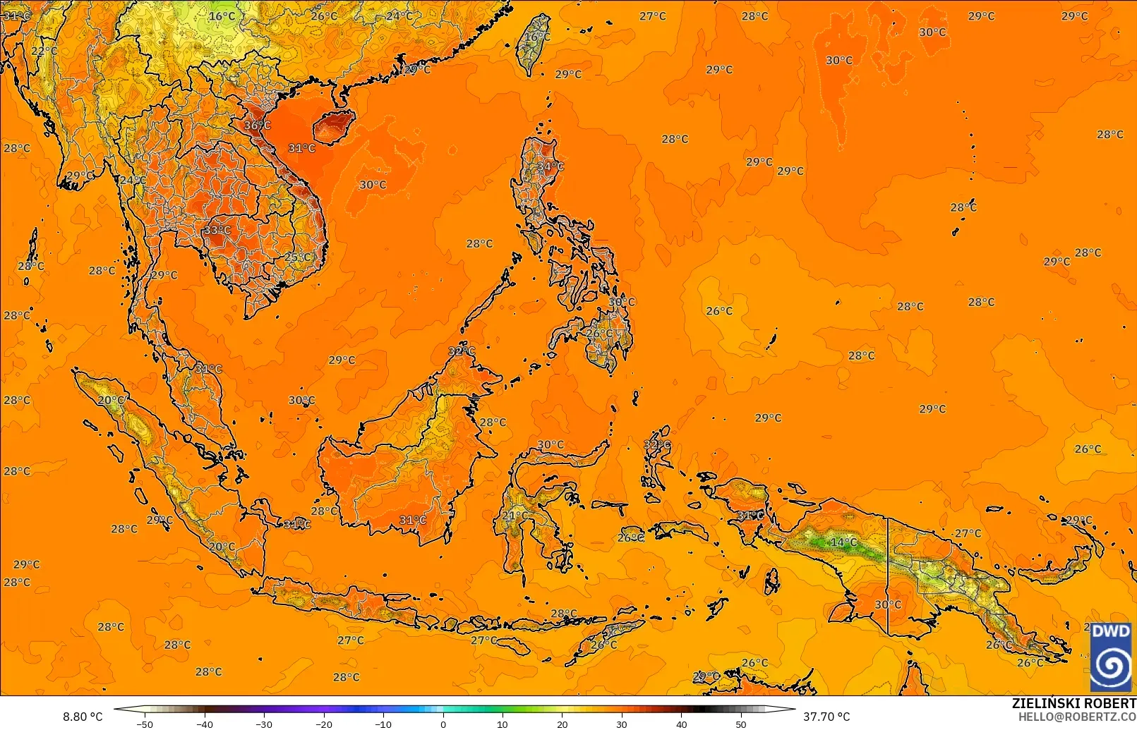 ICON modelo - Sudeste Asiático, Temperatura a 2 m