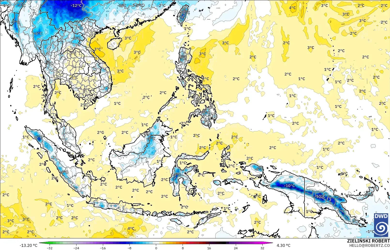 ICON modelo - Sudeste Asiático, Anomalía de temperatura a 850 hPa