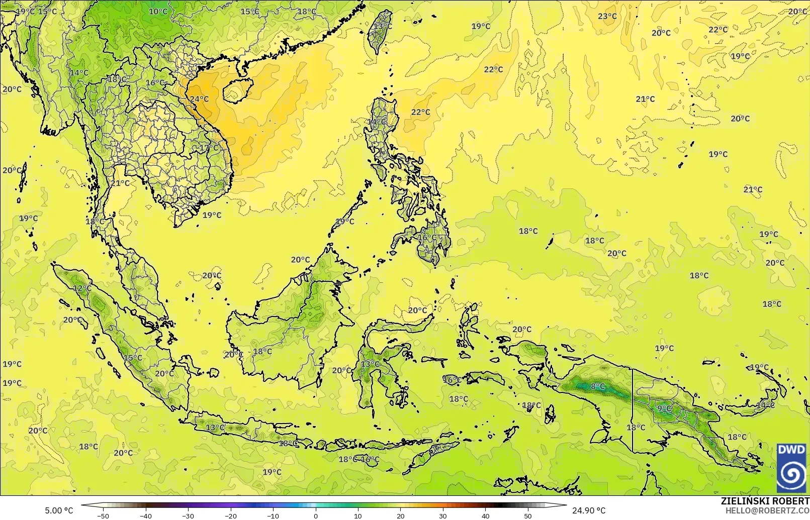 ICON modelo - Sudeste Asiático, Temperatura a 850 hPa
