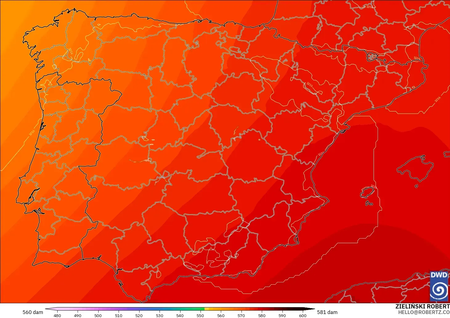 ICON modelo - España, Altura geopotencial a 500 hPa