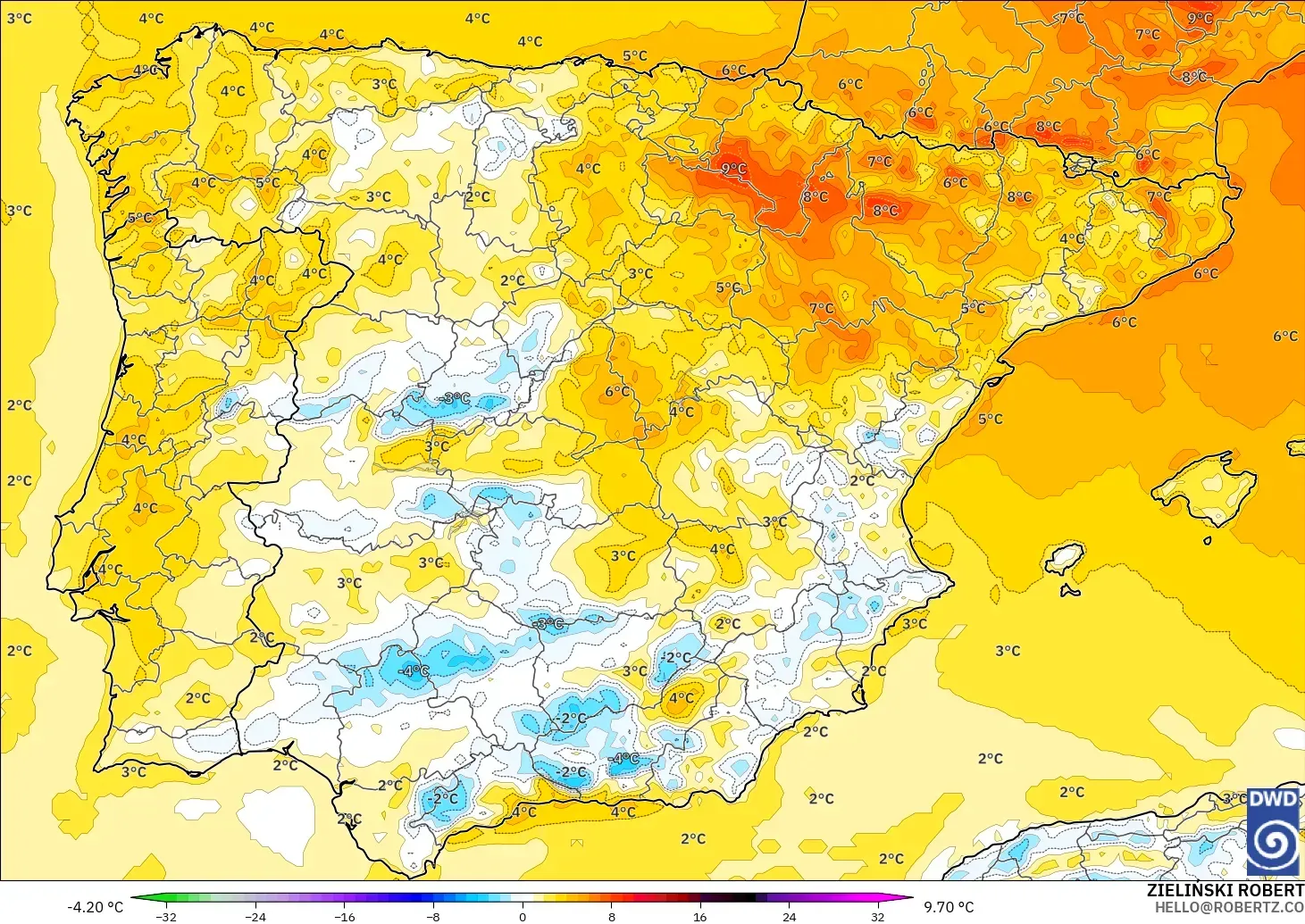 ICON modelo - España, Anomalía de temperatura a 2 m