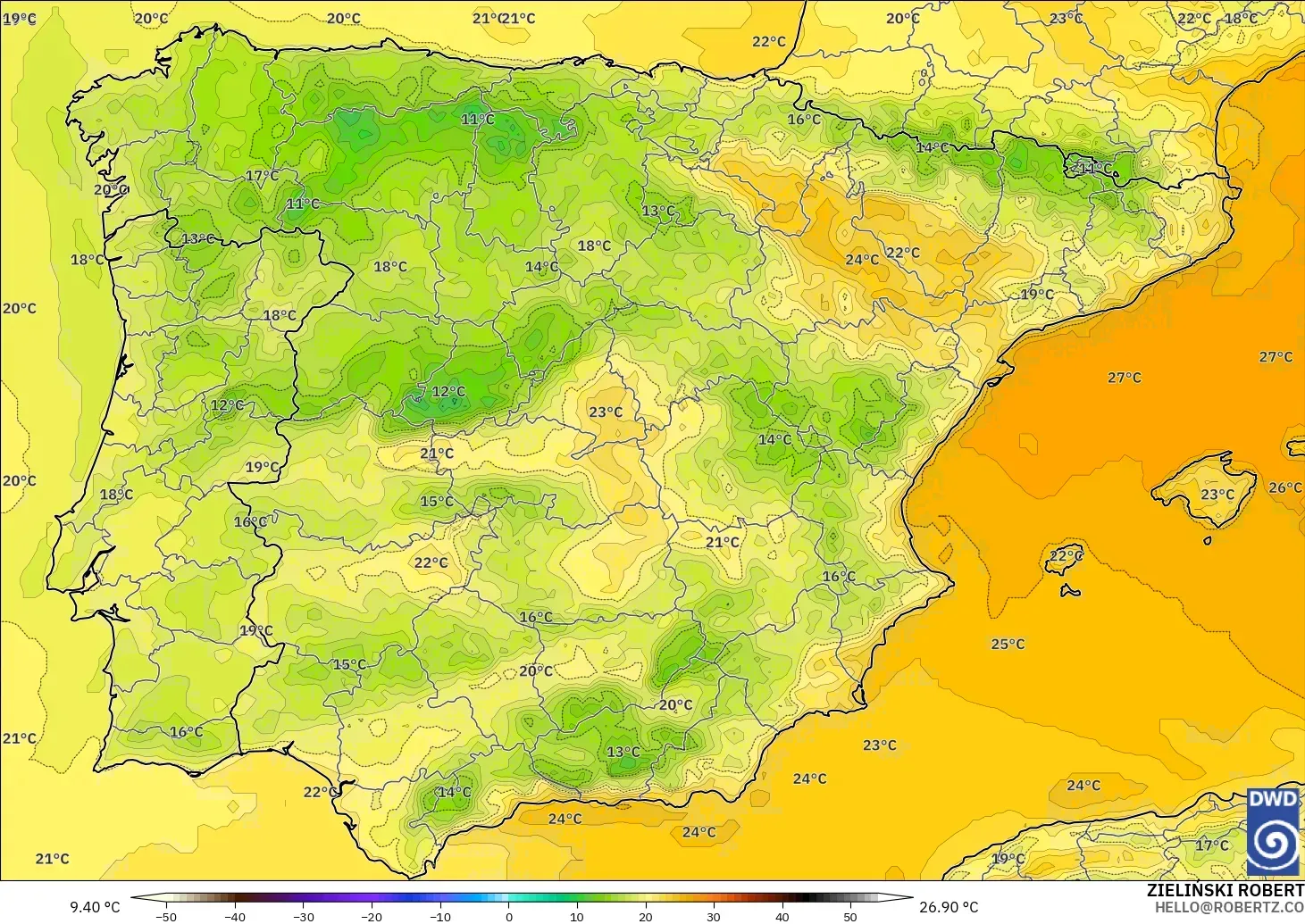 ICON modelo - España, Temperatura a 2 m
