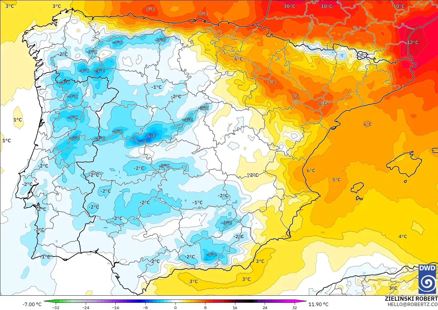 ICON modelo - España, Anomalía de temperatura a 850 hPa