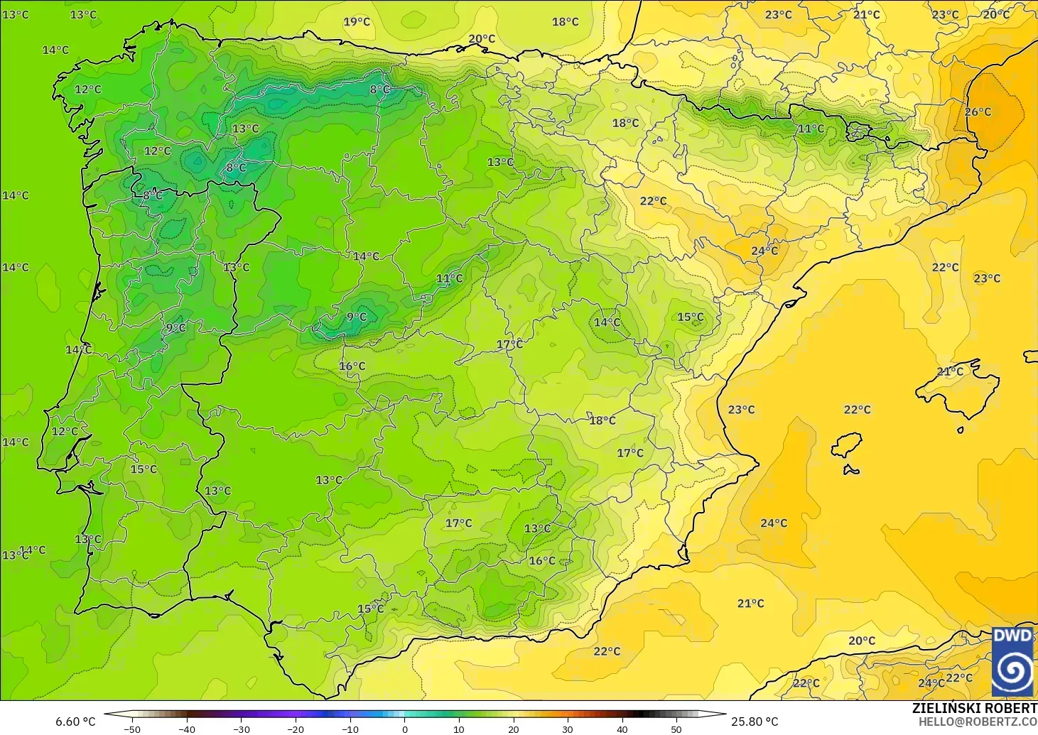 ICON modelo - España, Temperatura a 850 hPa