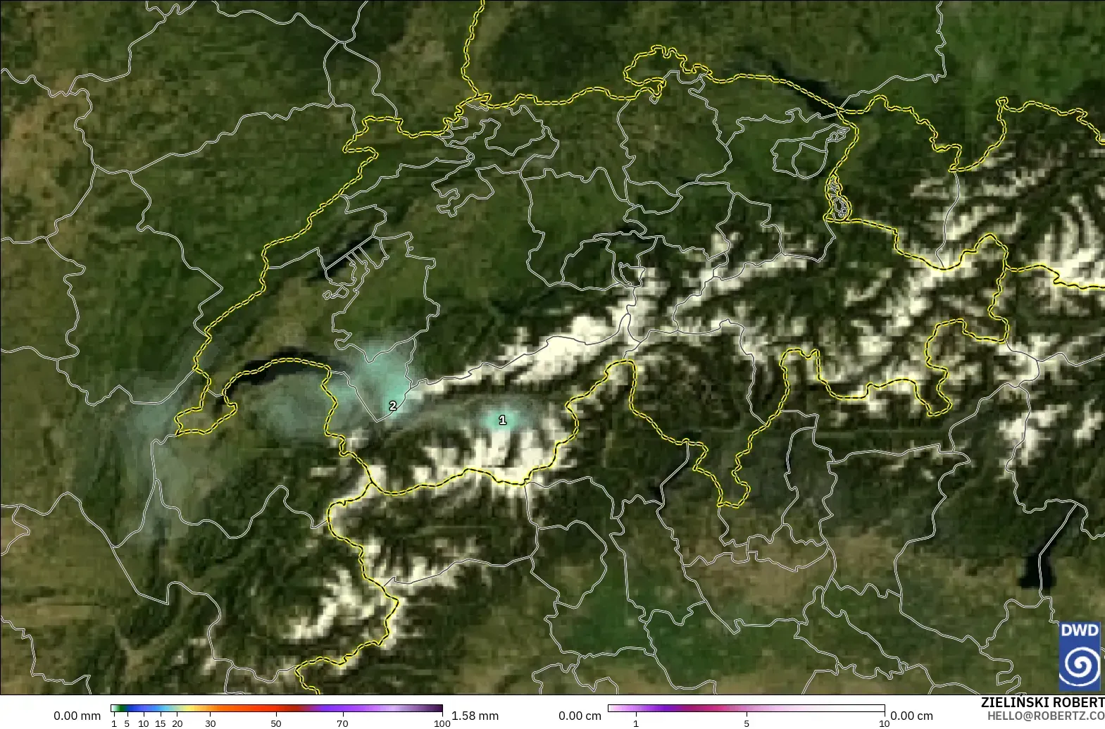 ICON modelo - Suiza, Precipitación, nubes y presión