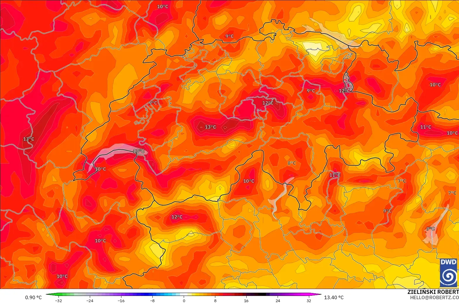 ICON modelo - Suiza, Anomalía de temperatura a 2 m