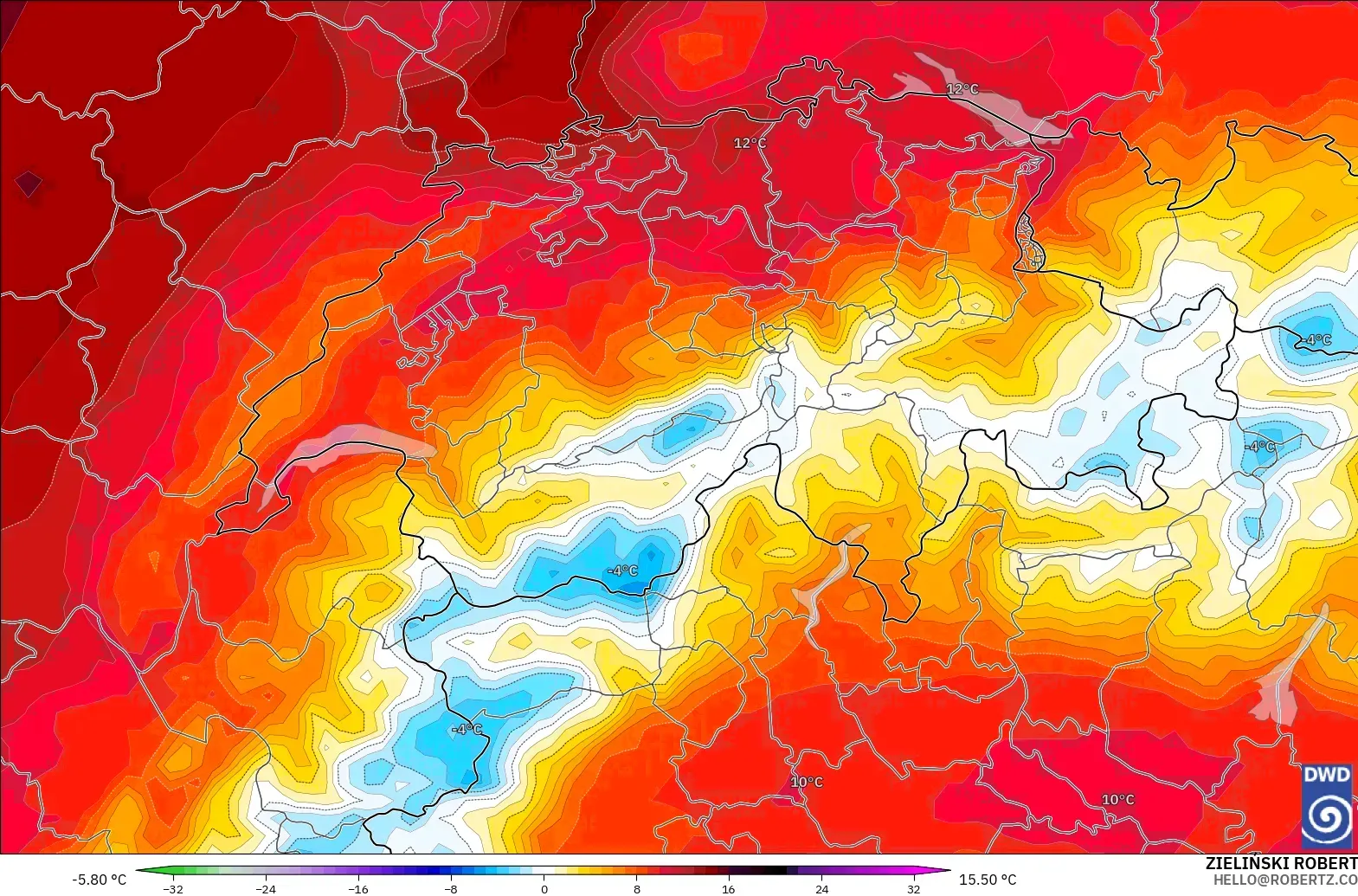 ICON modelo - Suiza, Anomalía de temperatura a 850 hPa