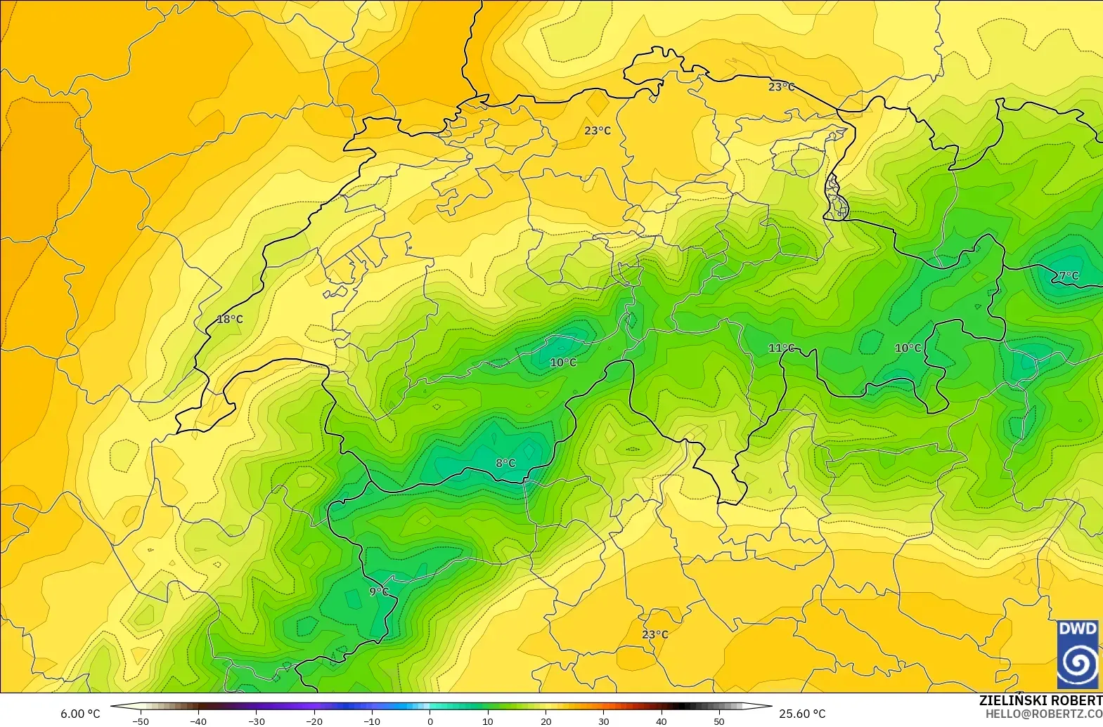 ICON modelo - Suiza, Temperatura a 850 hPa