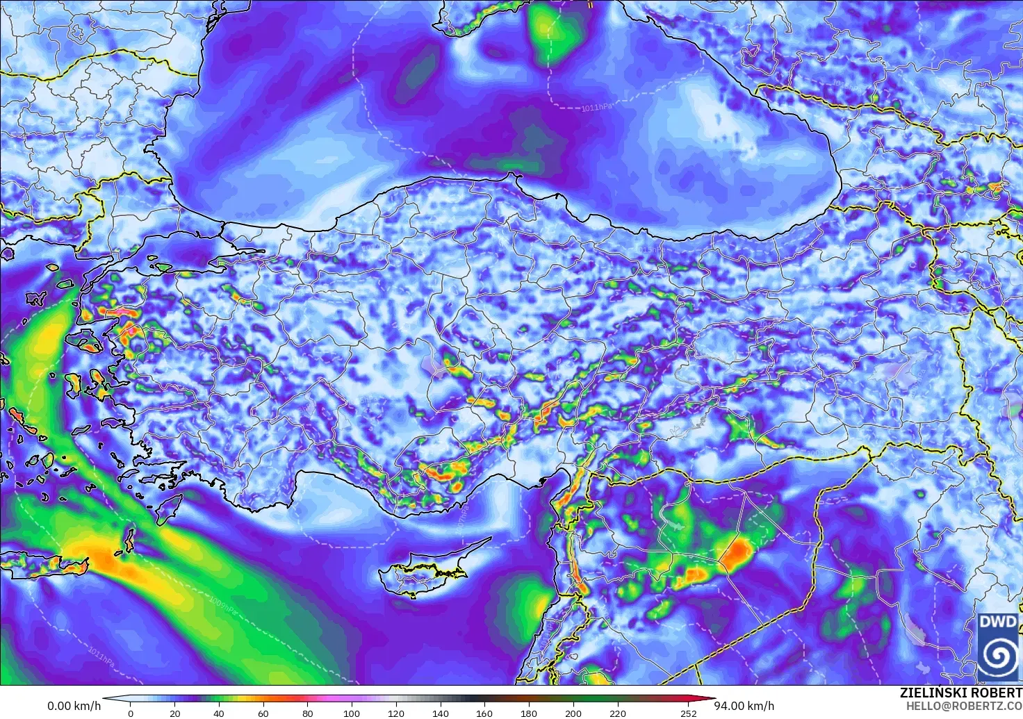 ICON modelo - Turquía, Ráfagas de viento
