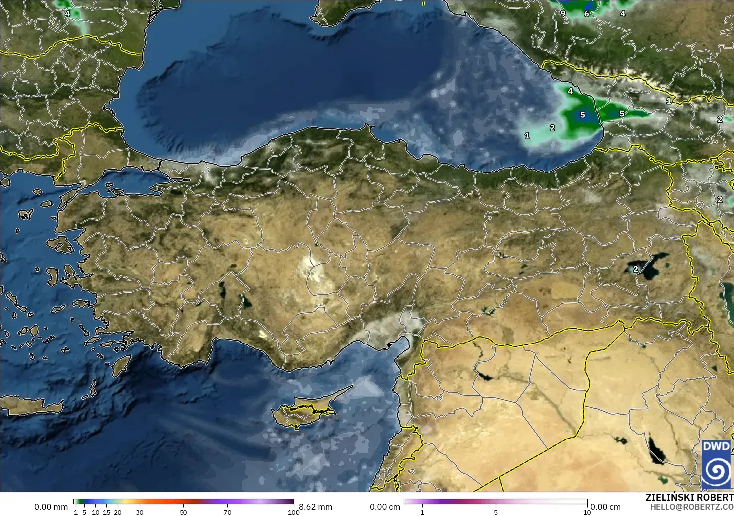 ICON modelo - Turquía, Precipitación, nubes y presión