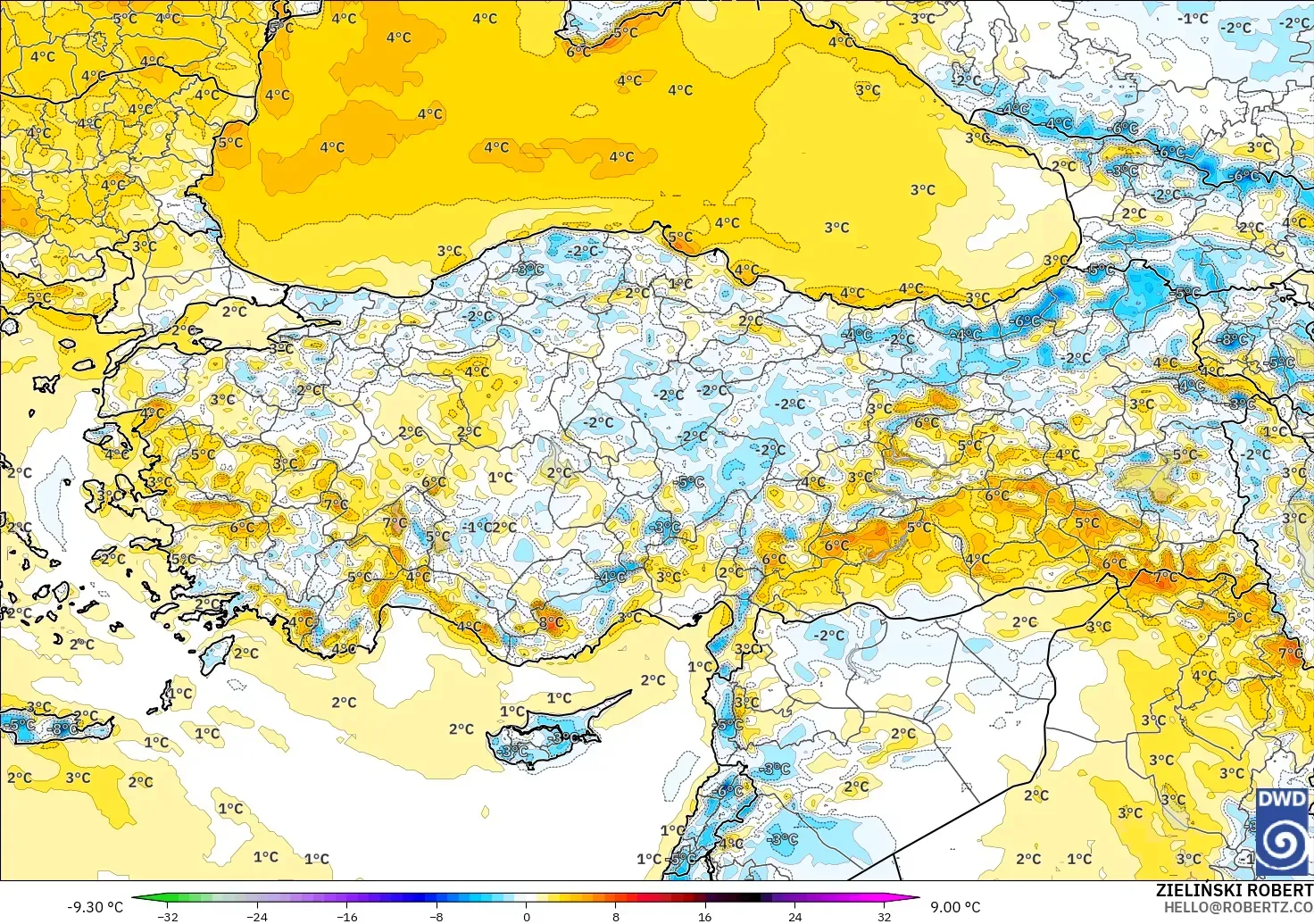 ICON modelo - Turquía, Anomalía de temperatura a 2 m