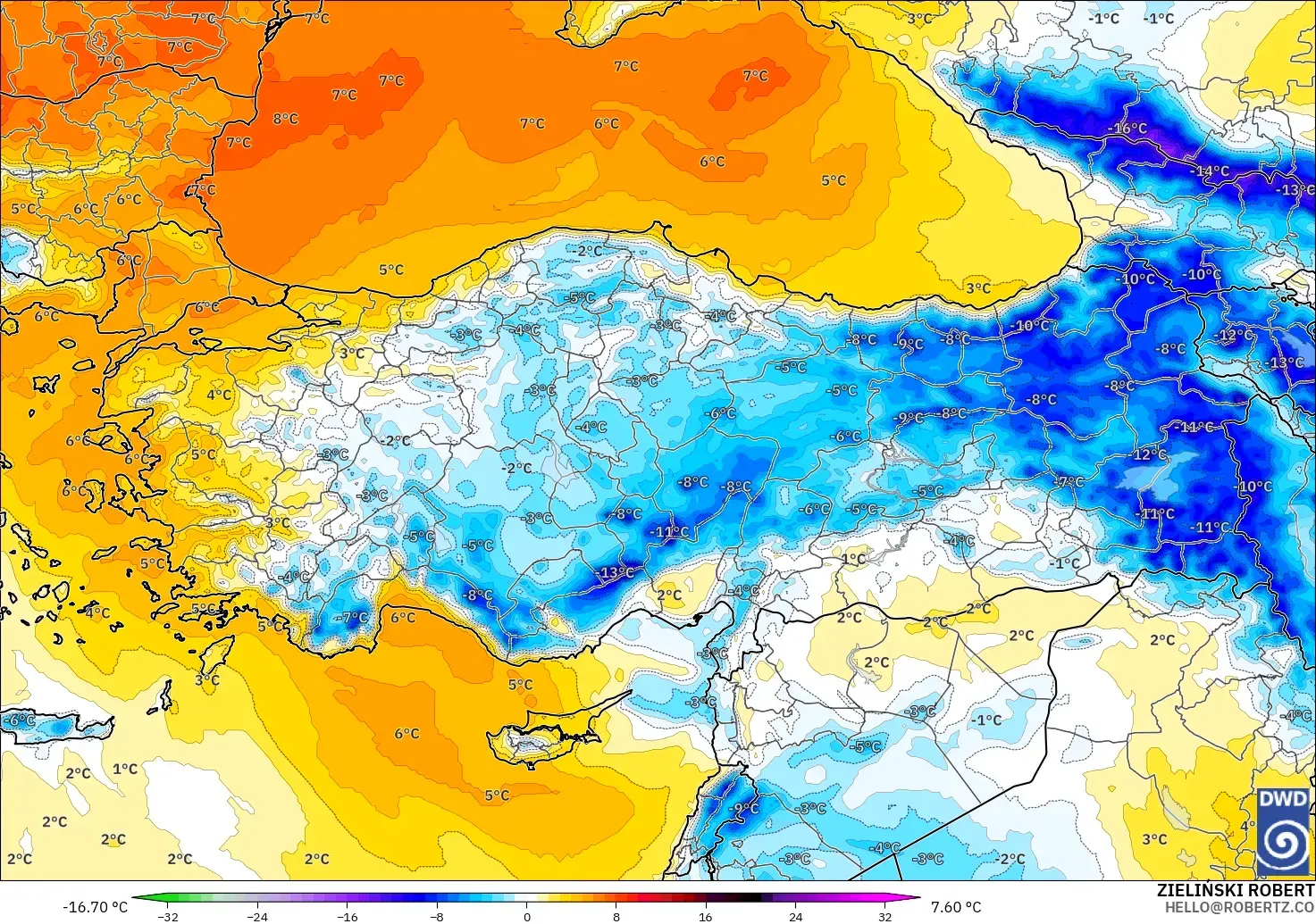 ICON modelo - Turquía, Anomalía de temperatura a 850 hPa