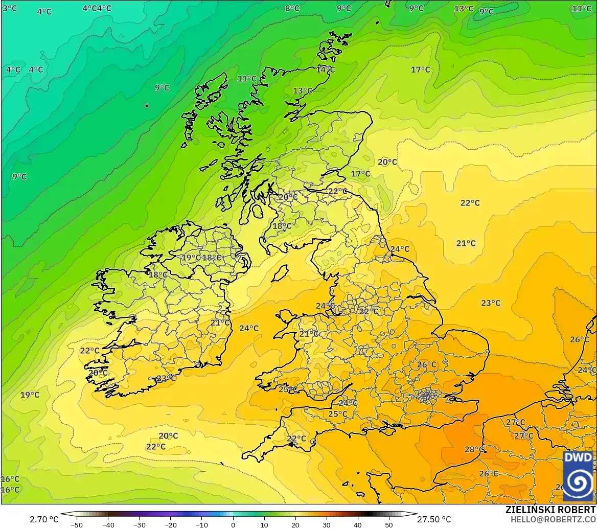 ICON modelo - Reino Unido, Temperatura a 850 hPa
