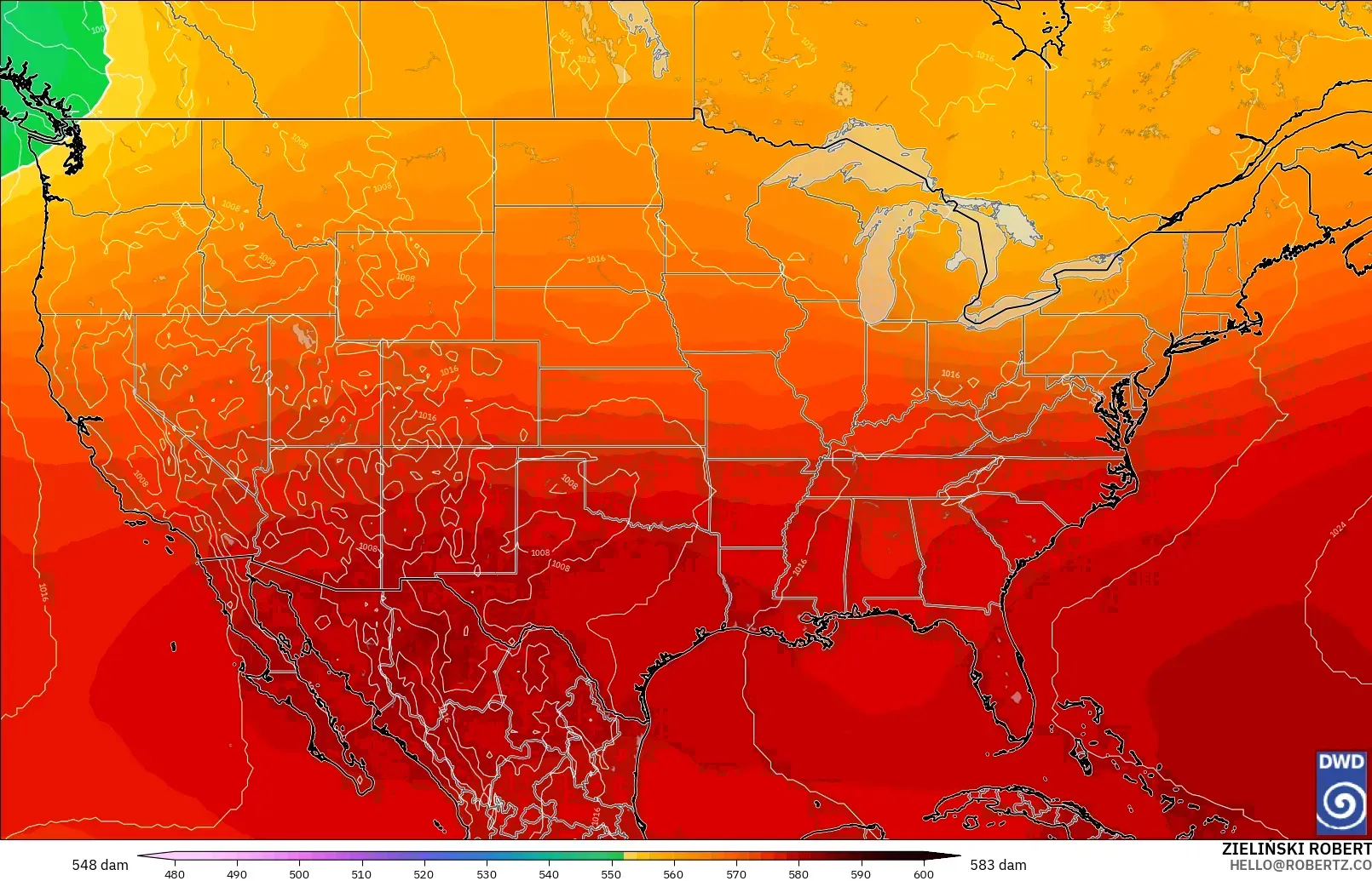ICON modelo - Estados Unidos, Altura geopotencial a 500 hPa