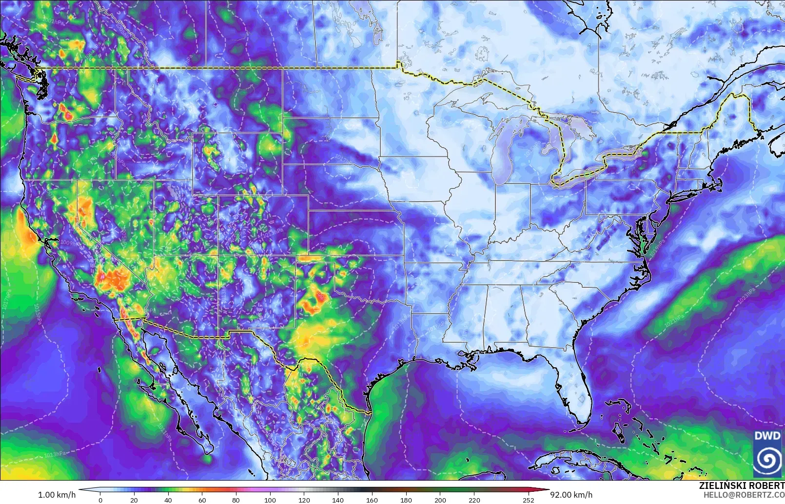 ICON modelo - Estados Unidos, Ráfagas de Viento Máximas