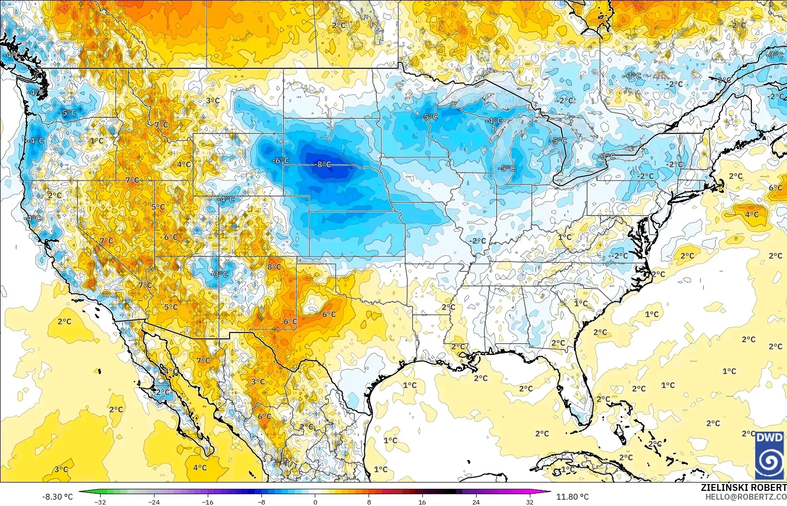 ICON modelo - Estados Unidos, Anomalía de temperatura a 2 m