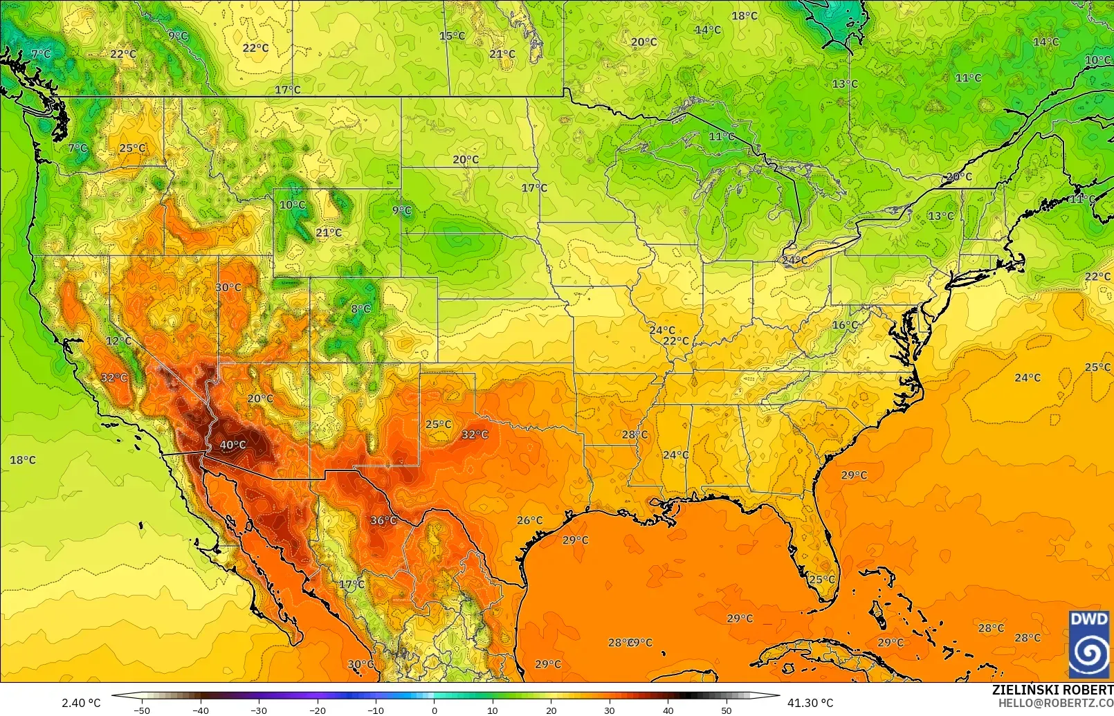 ICON modelo - Estados Unidos, Temperatura a 2 m