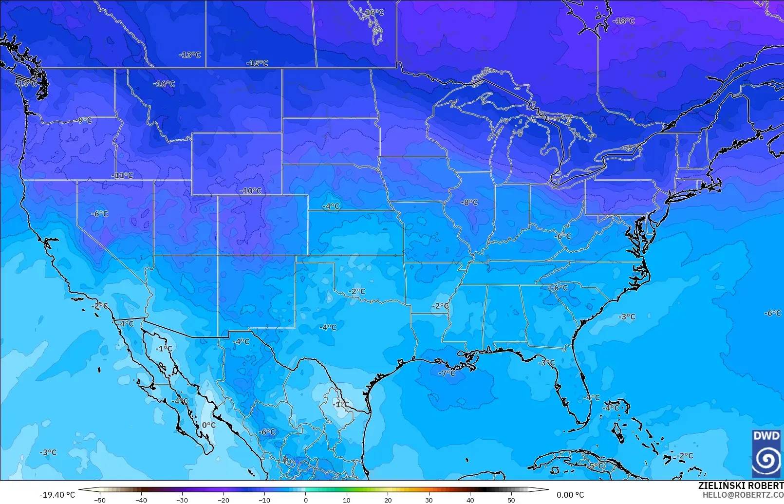ICON modelo - Estados Unidos, Temperatura a 500 hPa