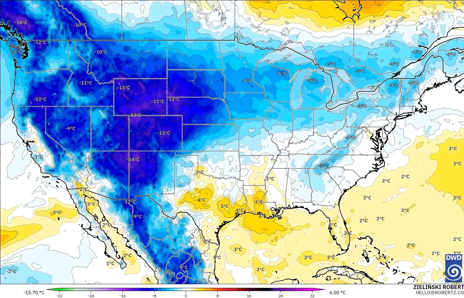 ICON modelo - Estados Unidos, Anomalía de temperatura a 850 hPa