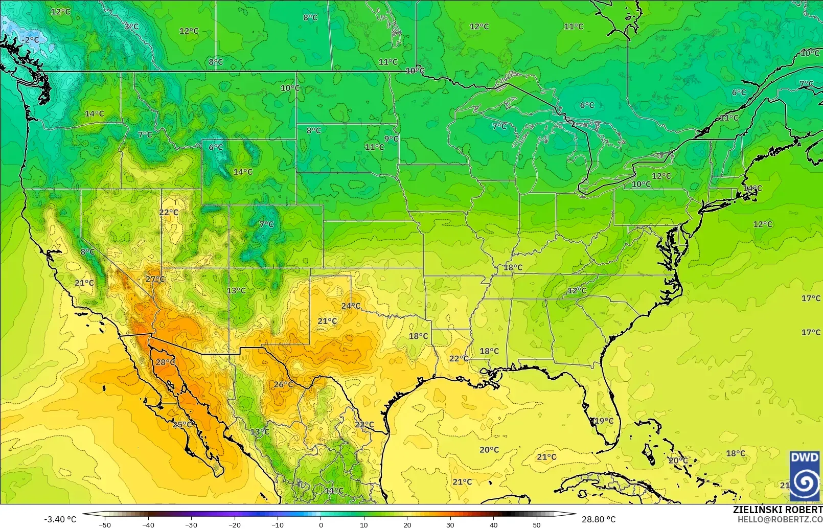 ICON modelo - Estados Unidos, Temperatura a 850 hPa