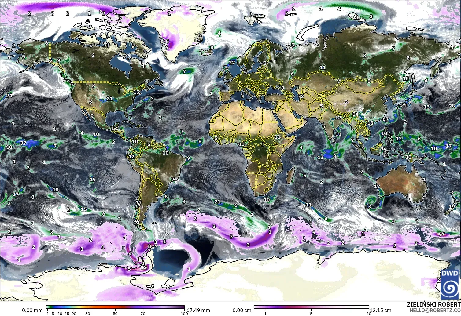 ICON modelo - Mundo, Precipitación, nubes y presión