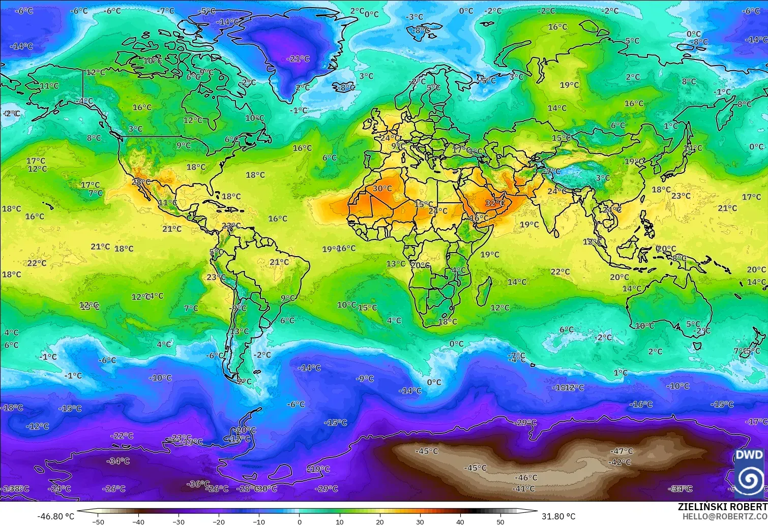 ICON modelo - Mundo, Temperatura a 850 hPa