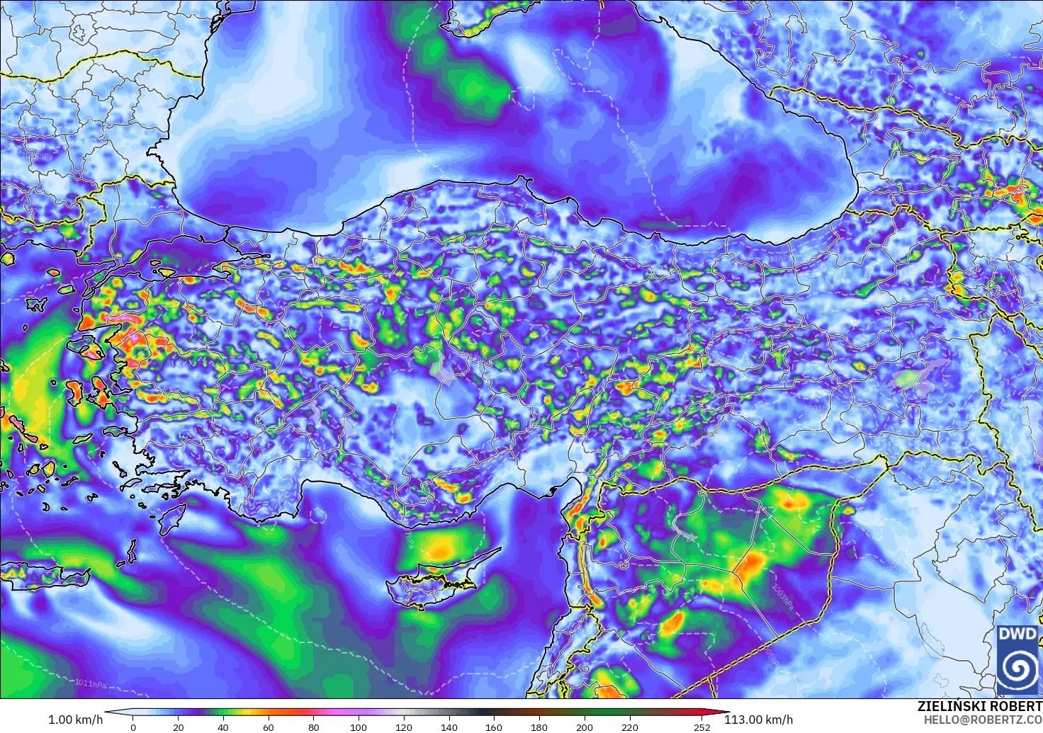 ICON modelo - Turquía, Ráfagas de viento