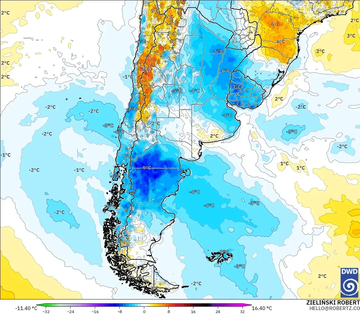ICON modelo - Argentina, Anomalía de temperatura a 2 m