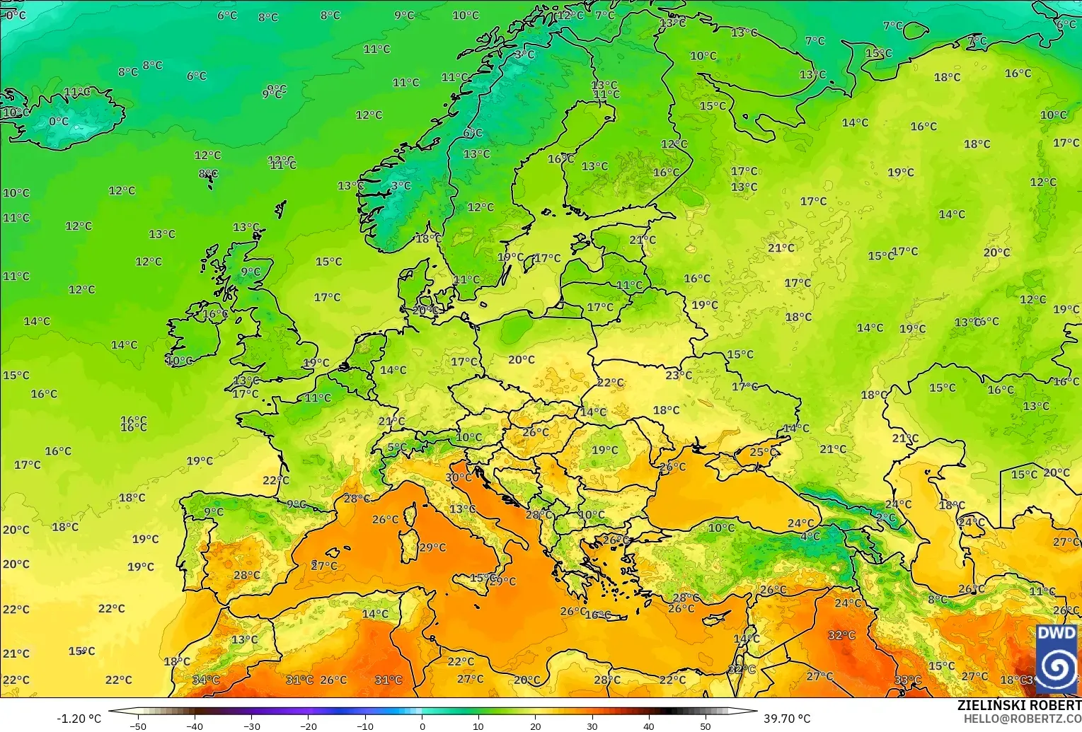ICON modelo - Europa, Temperatura a 2 m