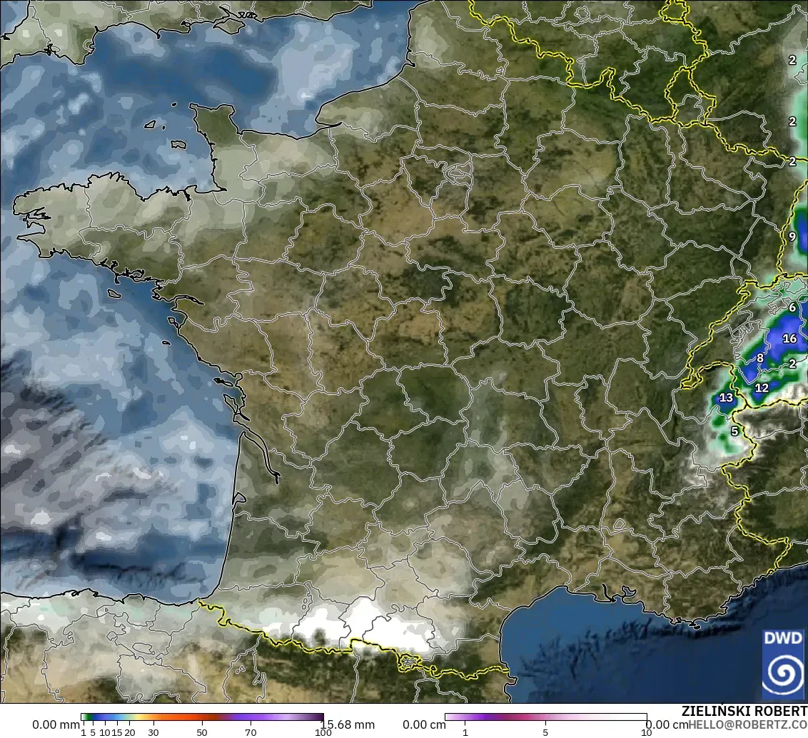 ICON modelo - Francia, Precipitación, nubes y presión